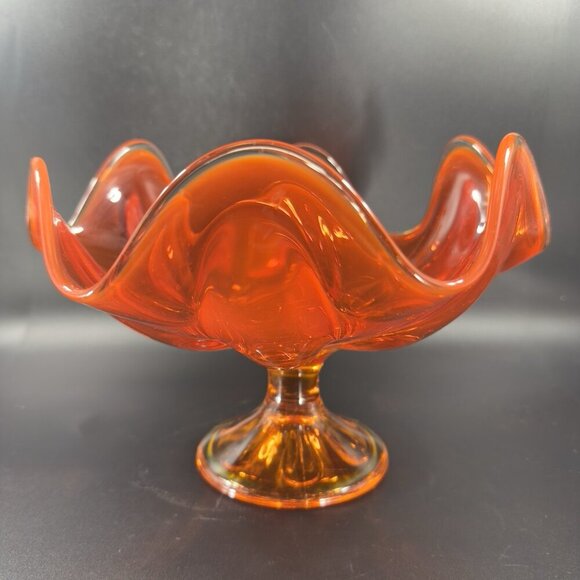 MCM Viking Glass Epic Line Footed Compote Dish Bowl Six Pedal Persimmon Glass - Picture 14 of 16